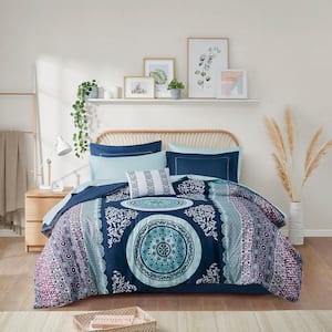 9-Piece Bed-in-a-Bag Set Navy Queen Size with Bed Sheets Boho Comforter Set