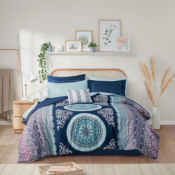 Afoxsos 9-Piece Bed-in-a-Bag Set Navy Queen Size with Bed Sheets Boho Comforter Set