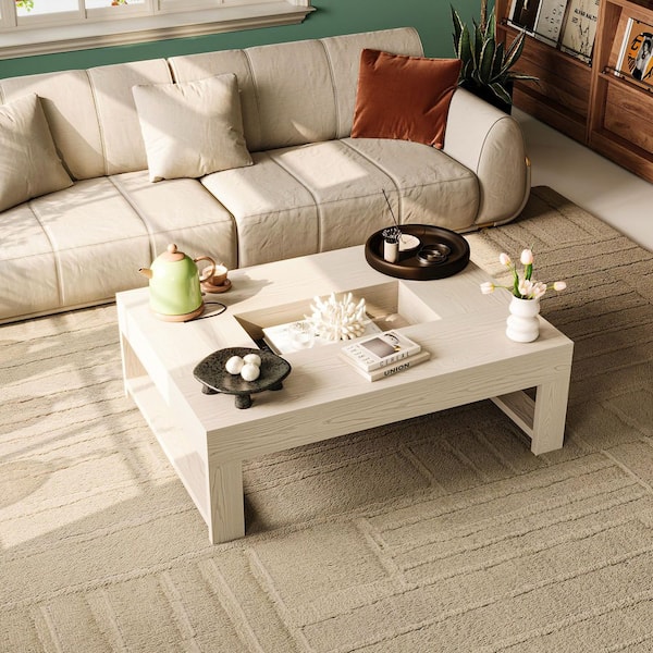 FUFU&GAGA 47.2 in. White Rectangle Wood Coffee Table with Recessed Center, Modern Living Room End Table for Display and Storage