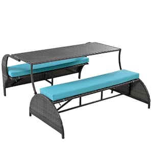 TD Garden Black 3-Piece Metal Outdoor Convertible Loveseat Set with Sunbrella Green Cushions