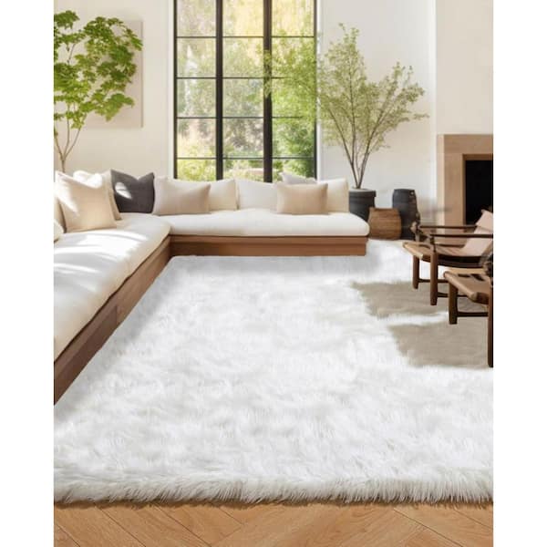 White 9 ft. x 12 ft. Large Rug Fluffy Fuzzy Furry Faux Fur Rug Area Rug