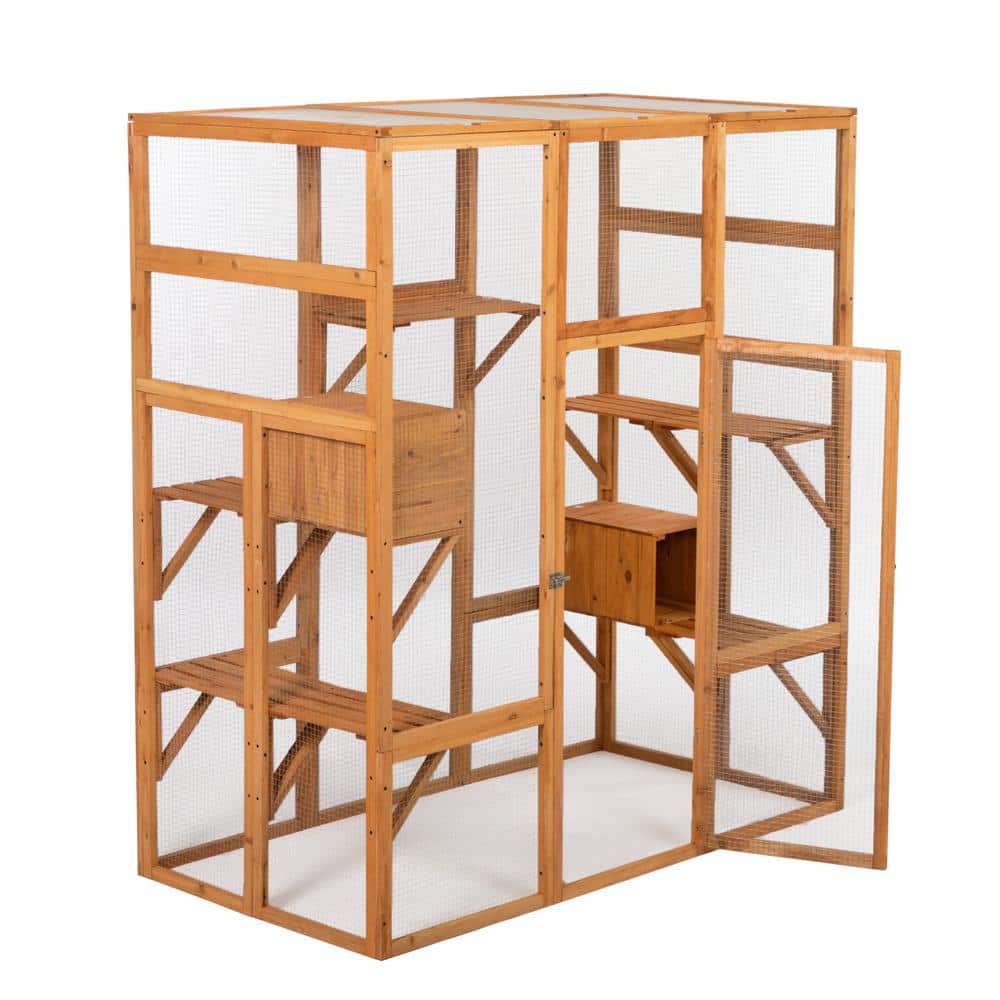 Large Cat Cage Wooden Cat Catio Enclosure with Solar Flat Roof Platforms Si