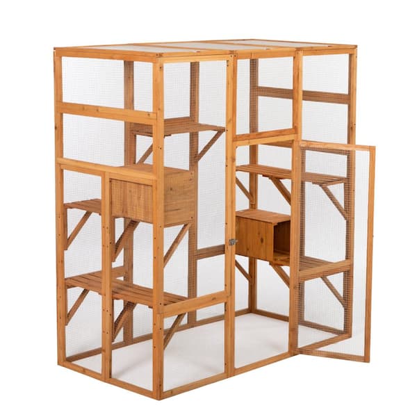 Unbranded Large Cat Cage Wooden Cat Catio Enclosure with Solar Flat Roof Platforms Sisal Rope Pedals Hammock Door Pet Playpen