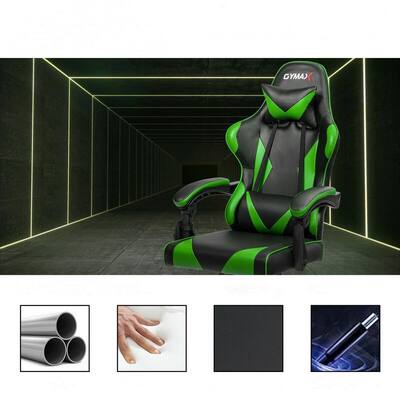 Green Leather Reclining Swivel Game Chair with Adjustable Arms and Lumbar Massage Cushion