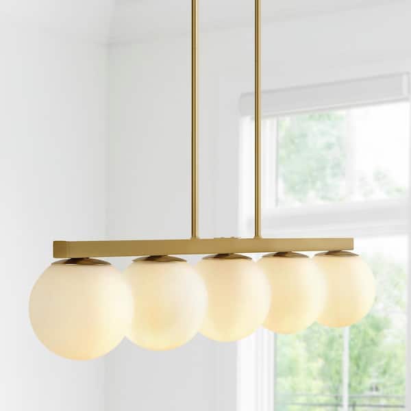 JONATHAN Y Luca Parisian 45.5 in. 5-Light Brass Gold/White Modern Glam Iron Globe Linear LED Pendant Light