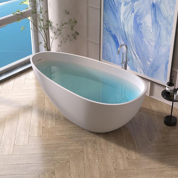 Foyil 59 in. x 31 in. Solid Surface Stone Resin Flatbottom Freestanding Bathtub Soaking Bathtub in Matte White