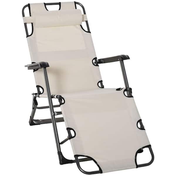 Metal Adjustable Folding Outdoor Chaise Lounge Chair 2-in-1 Tanning Chair with Pillow and Pocket Cream White