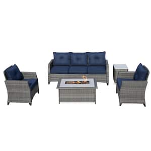 Ivory Gray 5-Piece Outdoor Rattan Wicker Patio Fire Pit Conversation Sofa Set, Blue Cushions