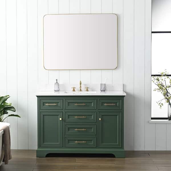 SUDIO Thompson 48 in. W x 22 in. D Bath Vanity in Evergreen with Engineered Stone Top in Carrara White with White Sink