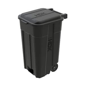 45 Gal. Black Outdoor Vented Trash Can with Wheels, Attached Lid, Rounded Handles, and Reinforced Foothold