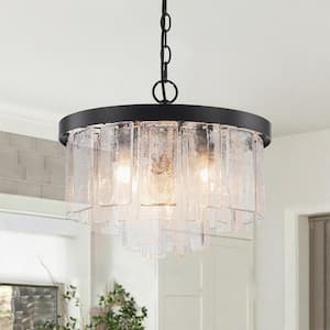 Hielo 5-Light Farmhouse Black Chandelier Water Rippe Glass Flush Mount Close to Ceiling Light for Dining Room