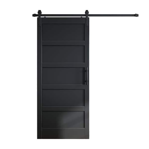 36 in. x 84 in. 5-Panel Black Finished MDF Wood Assembly Required Interior Sliding Barn Door with Hardware Kit