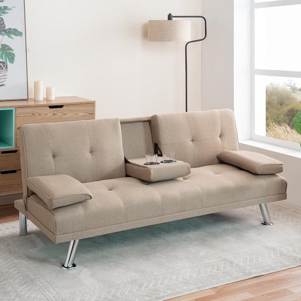 MAYKOOSH Beige Linen Futon Sofa Bed with Armrest and 2-Cup Holders-Convertible Couch with Metal Legs