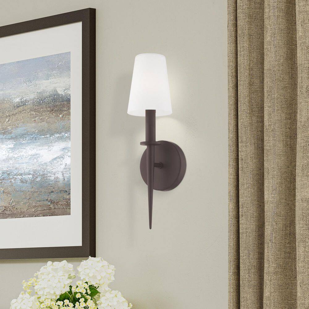 Bronze Direct Wired Electric Sconce with Opal White Glass Shade