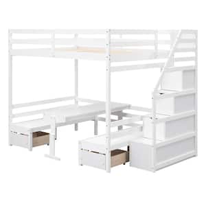 White Full over Full Bunk Bed with 2-Drawers and Storage Staircase Converts to Seats and Table Set