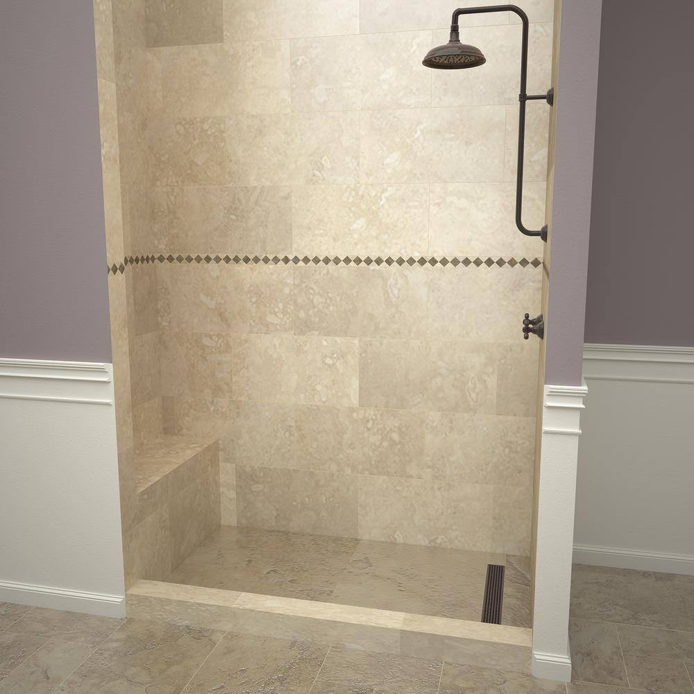 Rectangular Off-White PVC Shower Base with Bench and Right Drain