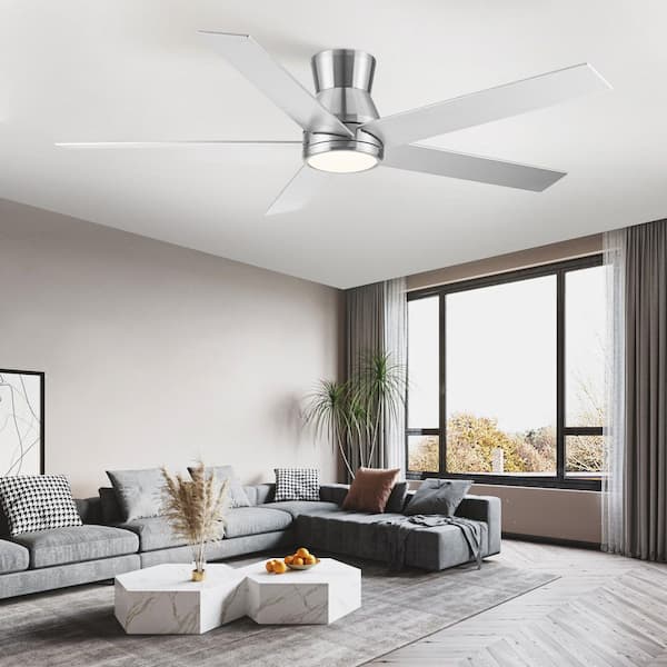 52 in. Sliver Downrod Mount Ceiling Fan with 5 Plywood Blades, LED Light and Remote, Dimmable for Bedroom, Living Room