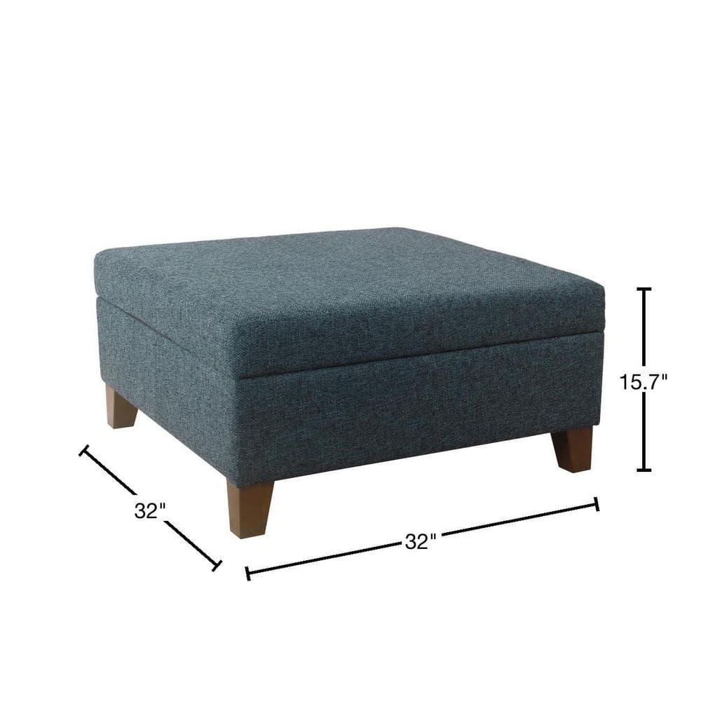 Navy Textured Fabric Square Storage Ottoman with Walnut Legs