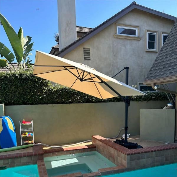 9 ft. Square Aluminum UV-Resistant Outdoor Cantilever Offset 360° Rotation Patio Umbrella with Base, Beige