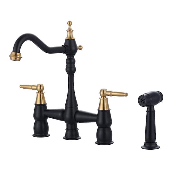 Solid Brass 4 Hole Double Handle Bridge Kitchen Faucet with Side Sprayer Deck Mount in Black and Gold