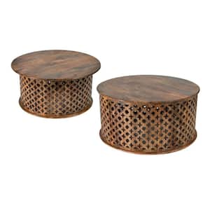 35 in. Brown Round Wood Coffee Table with Geometric Lattice Design