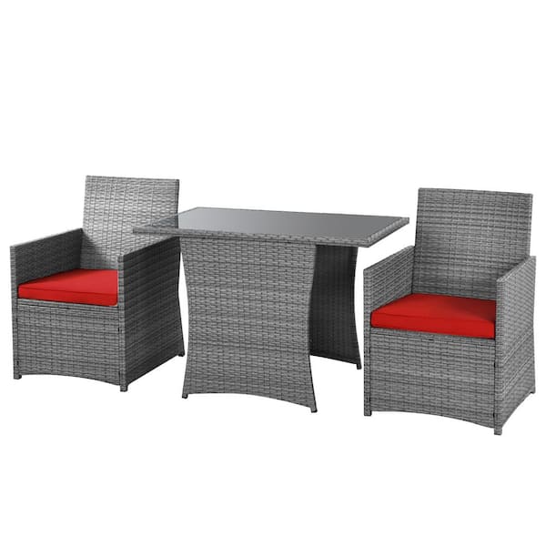 HONEY JOY 3-Pieces Wicker Patio Conversation Set Table and Chair Set with Red Cushions