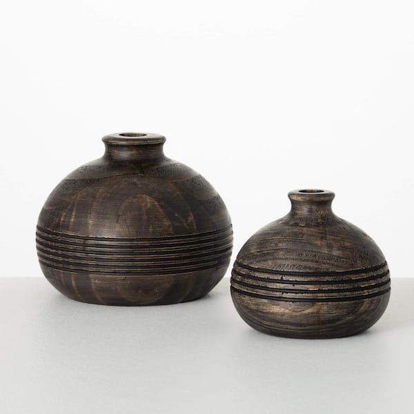 SULLIVANS 6 in. and 4.5 in. Hand-Carved Wooden Vase (Set of 2)