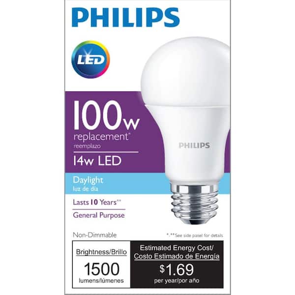 Philips 100-Watt Equivalent A19 Non-Dimmable Energy Saving LED Light Bulb Daylight (5000K) (4-Pack)