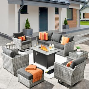 Hanes Gray 10-Piece Wicker Patio Fire Pit Sectional Seating Set with Black Cushions and Swivel Rocking Chairs