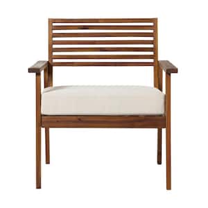 Dark Brown Slatted Acacia Mid-Century Modern Outdoor Lounge Chair with Bisque Cushion