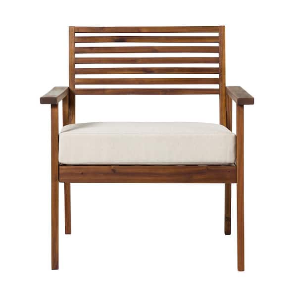 Welwick Designs Dark Brown Slatted Acacia Mid-Century Modern Outdoor Lounge Chair with Bisque Cushion