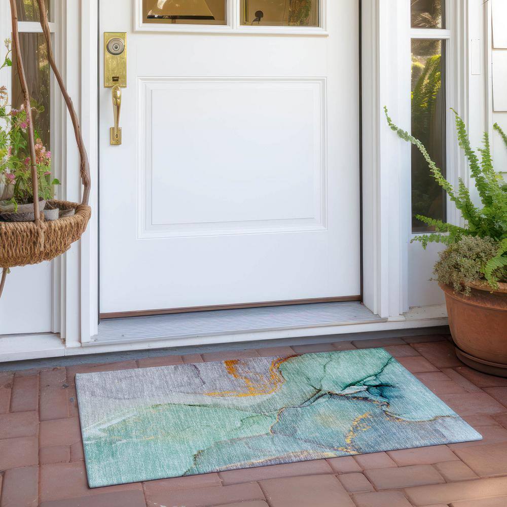 Teal and Gold Abstract Machine-Washable Rectangular Rug