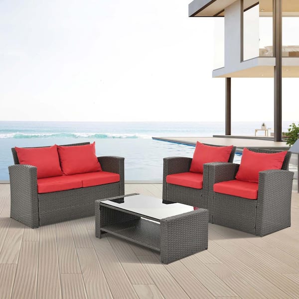 JimsMaison 4-Piece PE Wicker Patio Conversation Set with Red Cushions