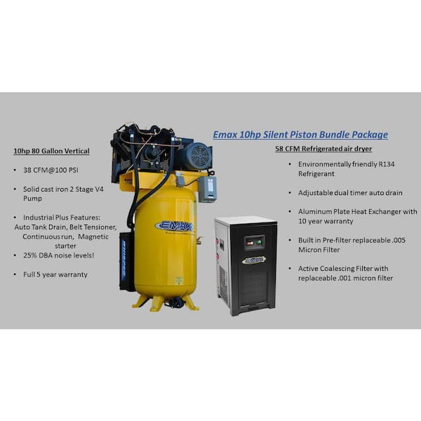 Industrial Plus 80 Gal. 10 HP 460-Volt 3-Phase 2-Stage Silent Air Electric Air Compressor with 58 CFM Dryer Bundle