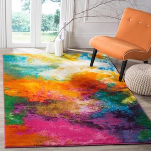Watercolor Orange/Green 5 ft. x 8 ft. Abstract Area Rug