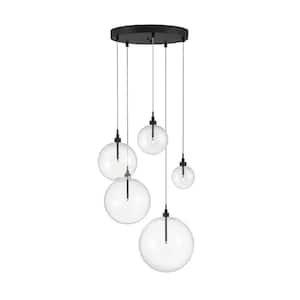 28 in. 5-Light Oil Rubbed Bronze Cluster Pendant Light with Orb Glass Shades and Dimmable LED Light Bulbs Included