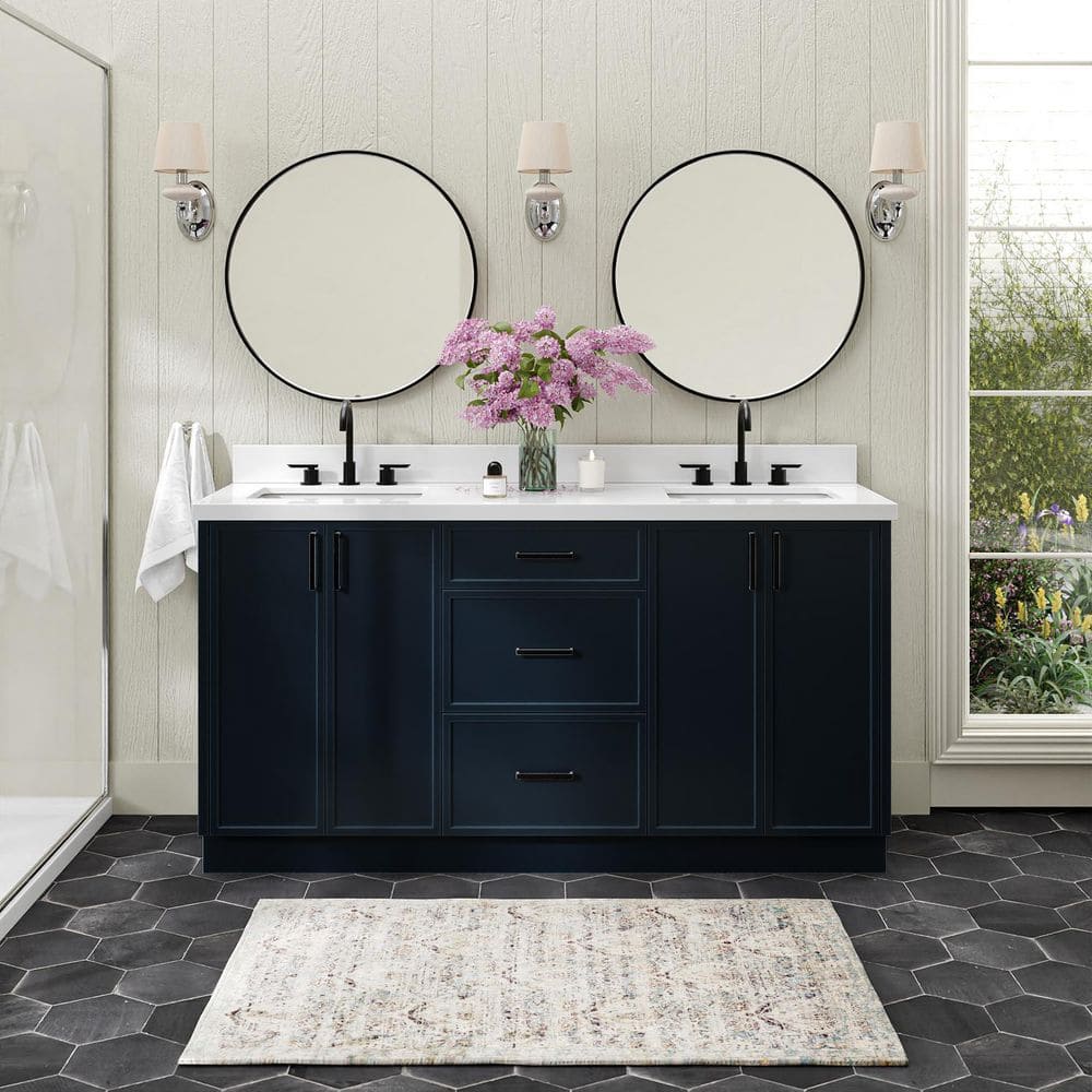 Kelly 66 in. Double Sink Freestanding Bathroom Vanity in Midnight Blue with Pure White Quartz Top price history on PriceWatchPro