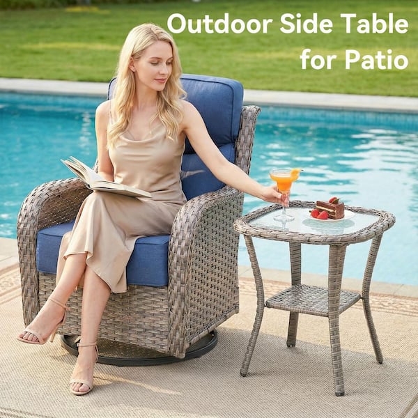 Arcline Gray Square Wicker Outdoor Side Table with Tempered Glass Top Porch PE Rattan End Table for Garden