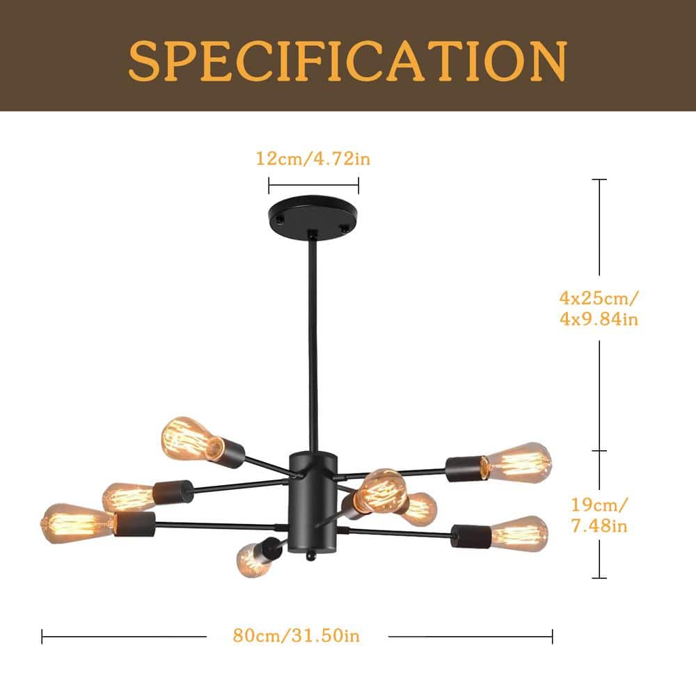 8-Light Black Metal Sputnik Chandelier with Adjustable Arms