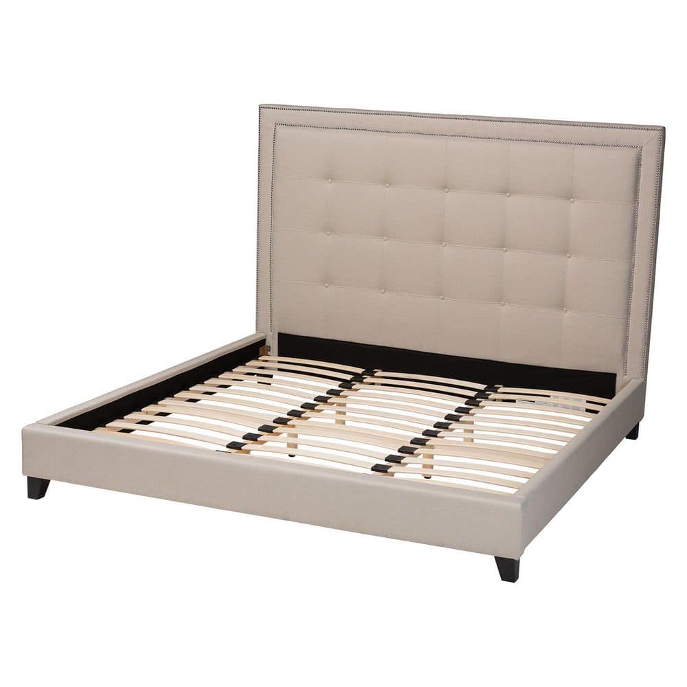 Elegant King-Sized Light Beige Linen Upholstered Bed with Nailhead Trim