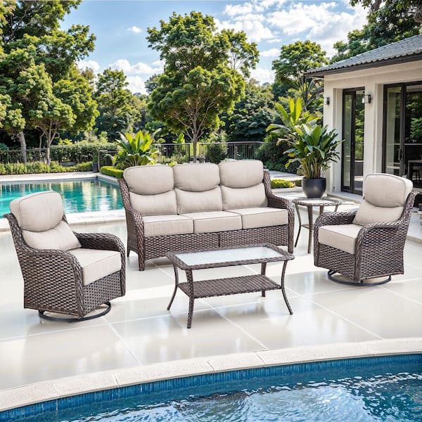 JHXL Brown 5-Piece Wicker Outdoor Patio Conversation Set with Beige Cushions and Swivel Rocking Chairs