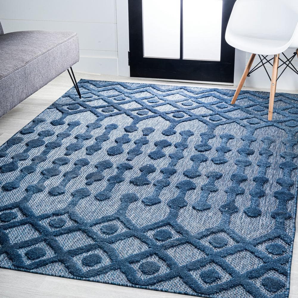 Navy Diamond Geometric Handmade Indoor/Outdoor Synthetic Rug