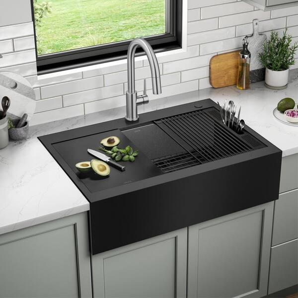 Gunmetal 32.88 in. Stainless Steel 16-Gauge PVD Single Bowl Farmhouse Apron Workstation Kitchen Sink with Accessories