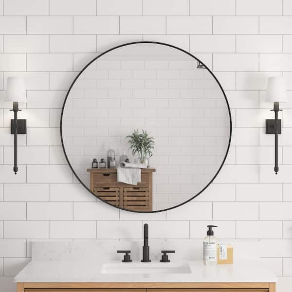 ANGELES HOME 36.01 in. W x 36.01 in. H Round Anodized Aluminum Framed Wall Bathroom Vanity Mirror in Matte Black