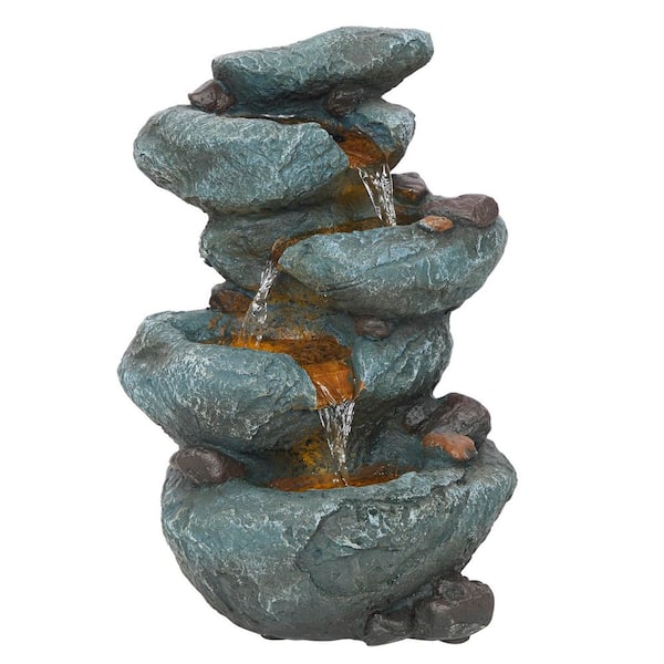 14 in. Tall Cascading 3-Tier Rock Tabletop Fountain with LED Lights, Gray