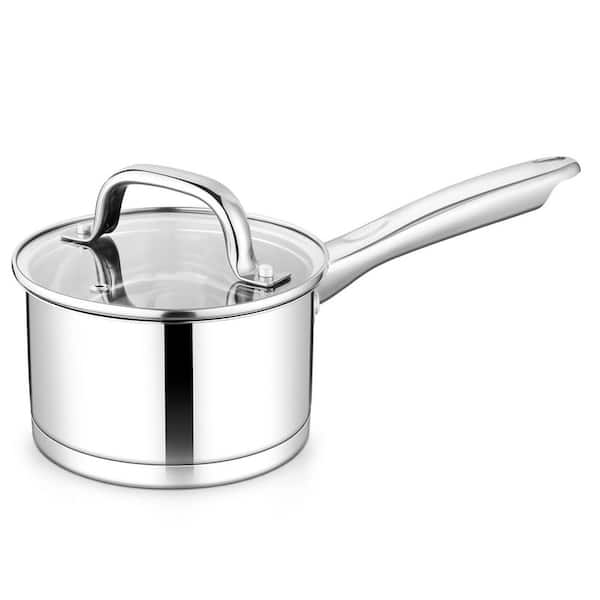 1 qt Stainless Steel Saucepan with Glass Lid, Tri-ply Bottom for Fast and Even Heating, Induction Compatible