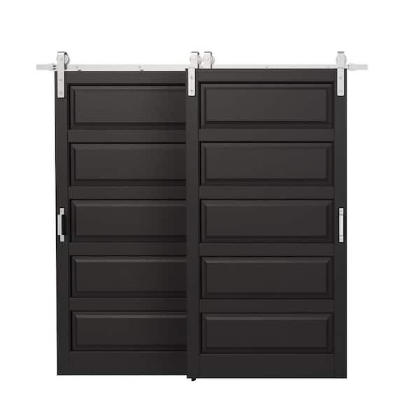 96 in. x 84 in. Black, MDF, Need to Assemble Double 5 Panel Brushed Nickel Bypass Sliding Barn Door with Hardware Kit