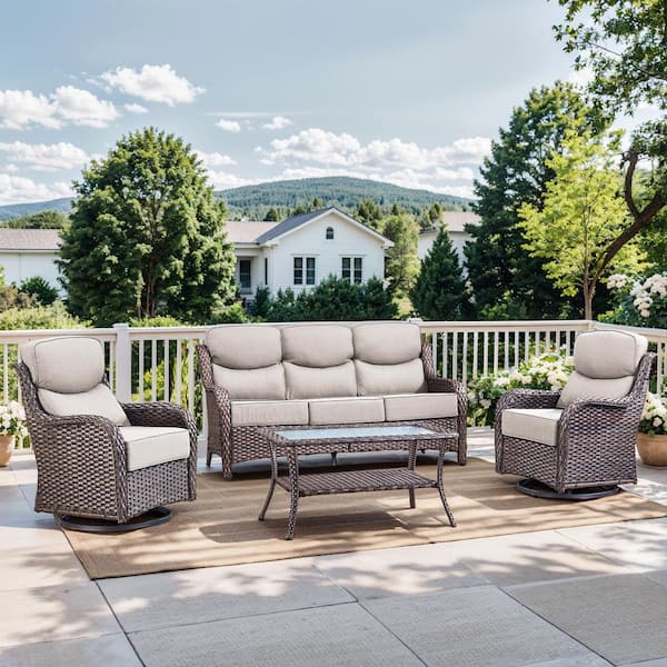 MoonLuxe Brown Swivel Glider Wicker Patio Conversation Set with Beige Olefin 6 in. Thick Cushions/Coffee Table (4-Piece)