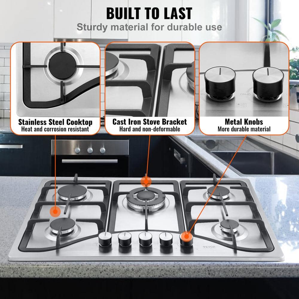 VEVOR 30-inch Stainless Steel 5 Burner Propane Cooktop