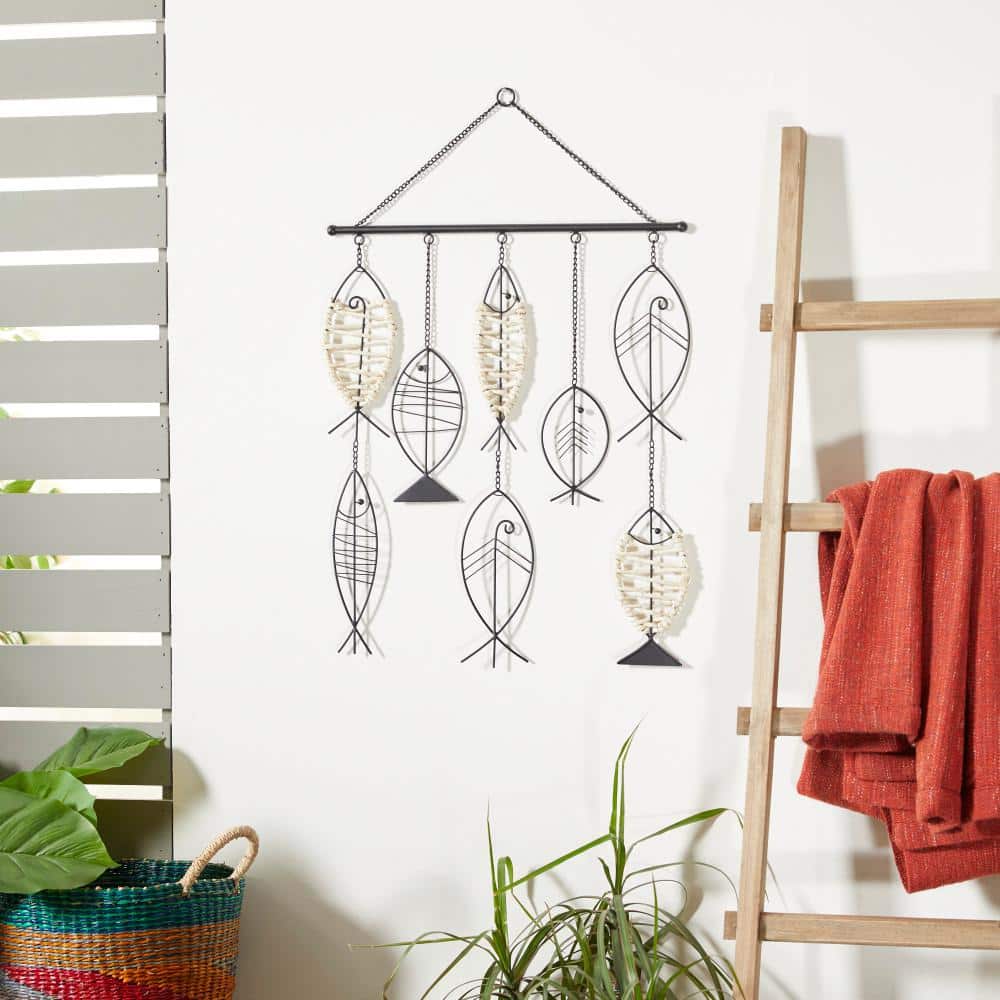 Black Metal and Rattan Coastal Fish Wall Sculpture